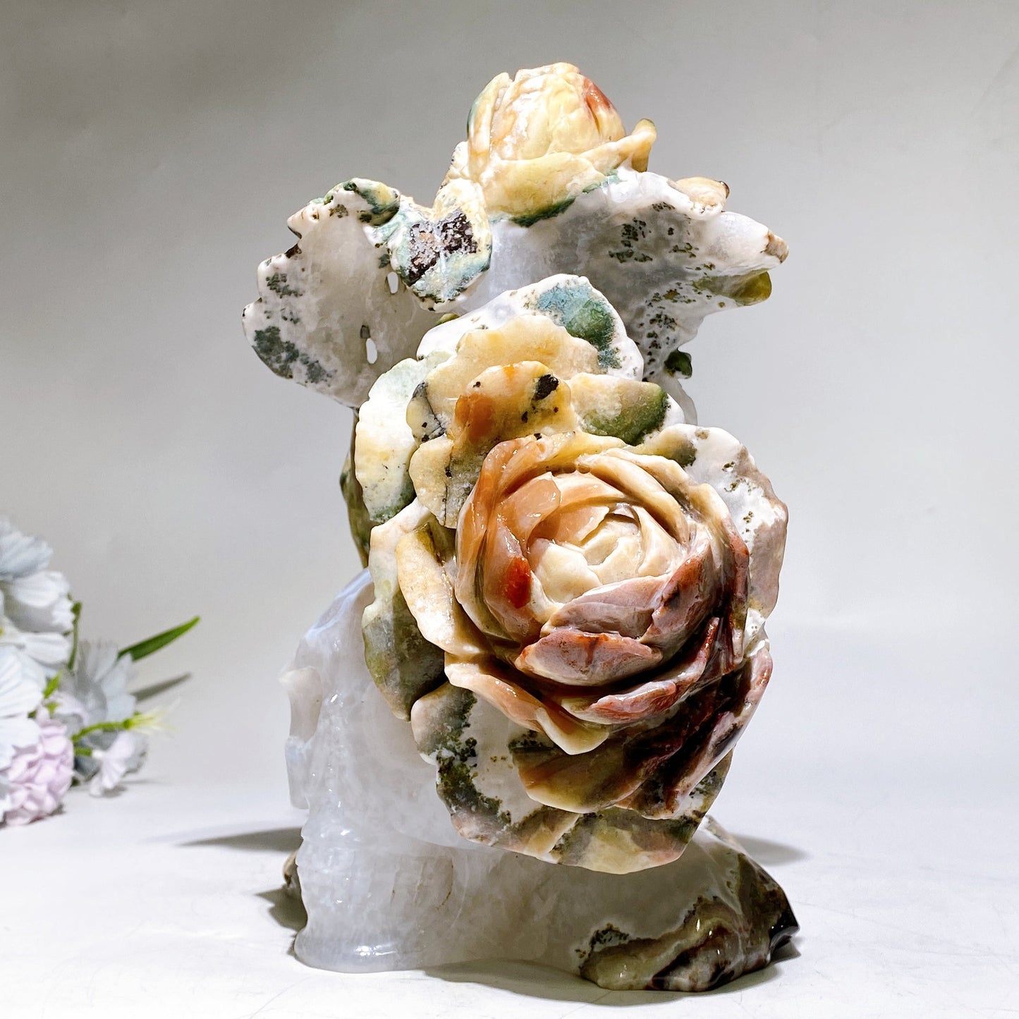21cm Large Unique Agate Quartz Skull Grow with Ocean Jasper Peony Carving Crystal Healing Bulk Wholesale