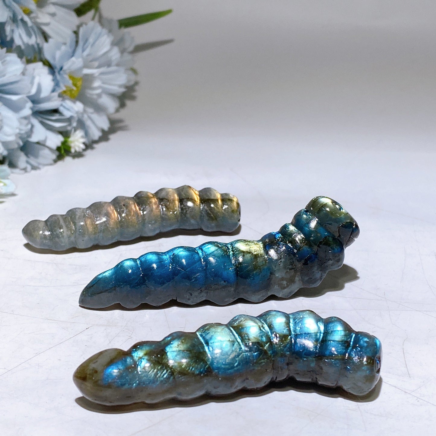 3.2"-3.6" Labradorite Caterpillar Carving Crystal Healing Bulk Wholesale