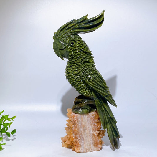 28cm Large Unique Serpentine Parrot Carving with Calcite Cluster Base Crystal Healing Bulk Wholesale