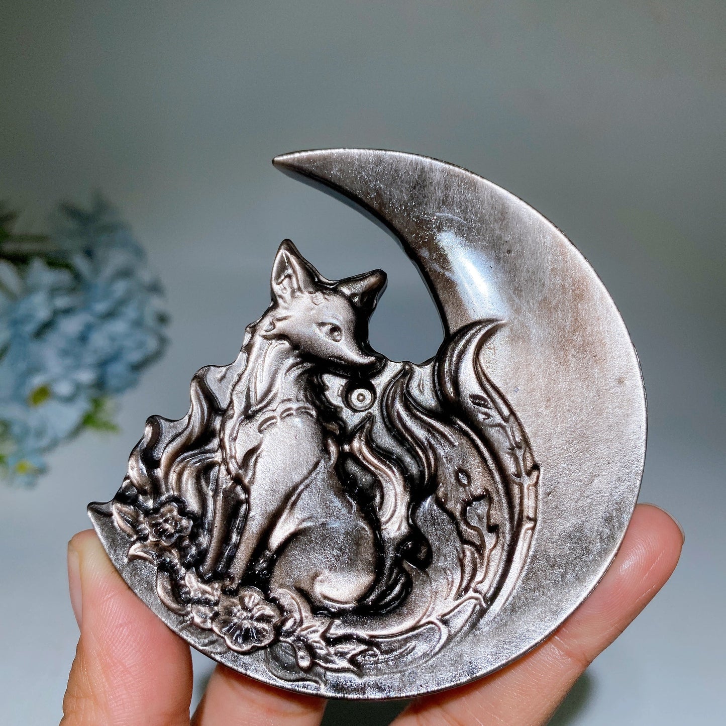 1.5"-1.9" Silver Obsidian Moon Face with Animal Carving Crystal Healing Bulk Wholesale