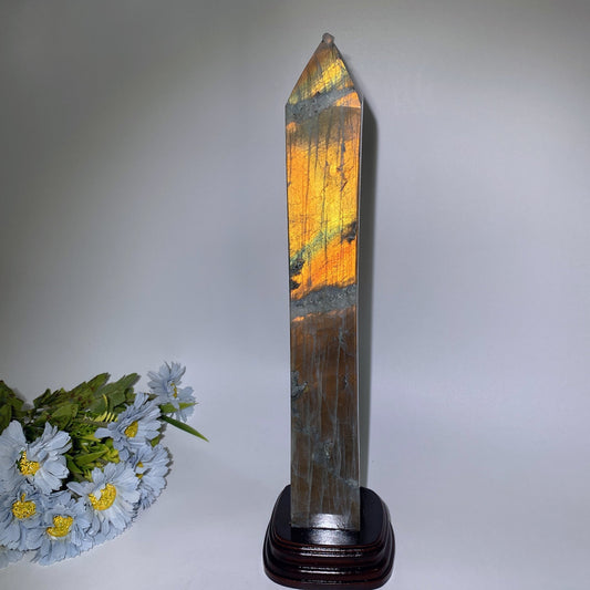 42cm Large Sunset Flash Labradorite Tower with Wooden Stand Crystal Healing