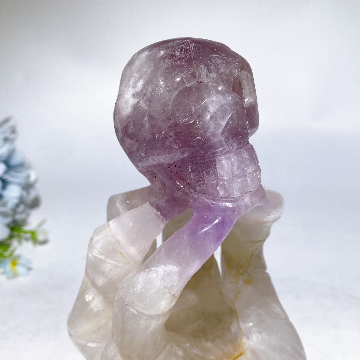 18cm Large Unique Amethyst Grow with Quartz Ghost Hand Holding Skull Carving Crystal Healing Bulk Wholesale