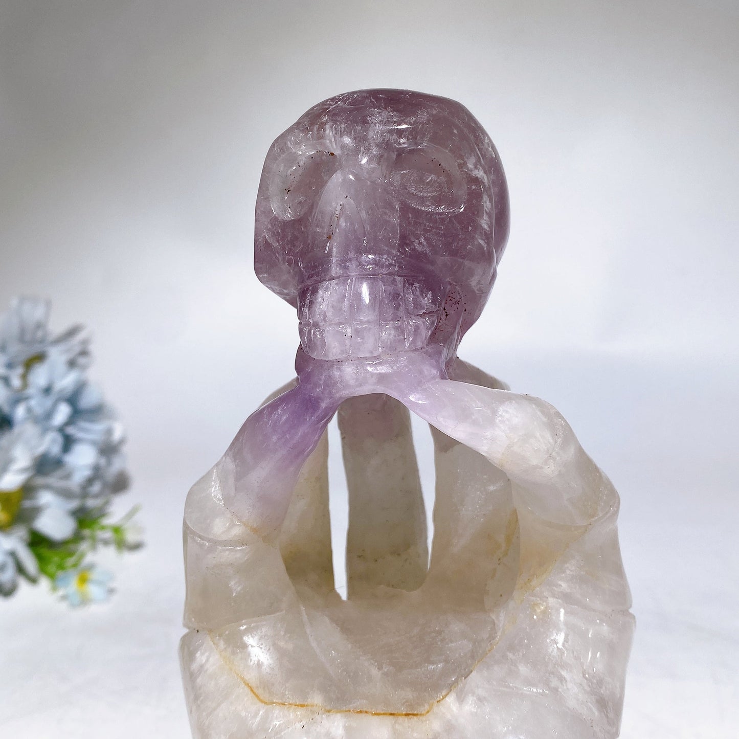 18cm Large Unique Amethyst Grow with Quartz Ghost Hand Holding Skull Carving Crystal Healing Bulk Wholesale
