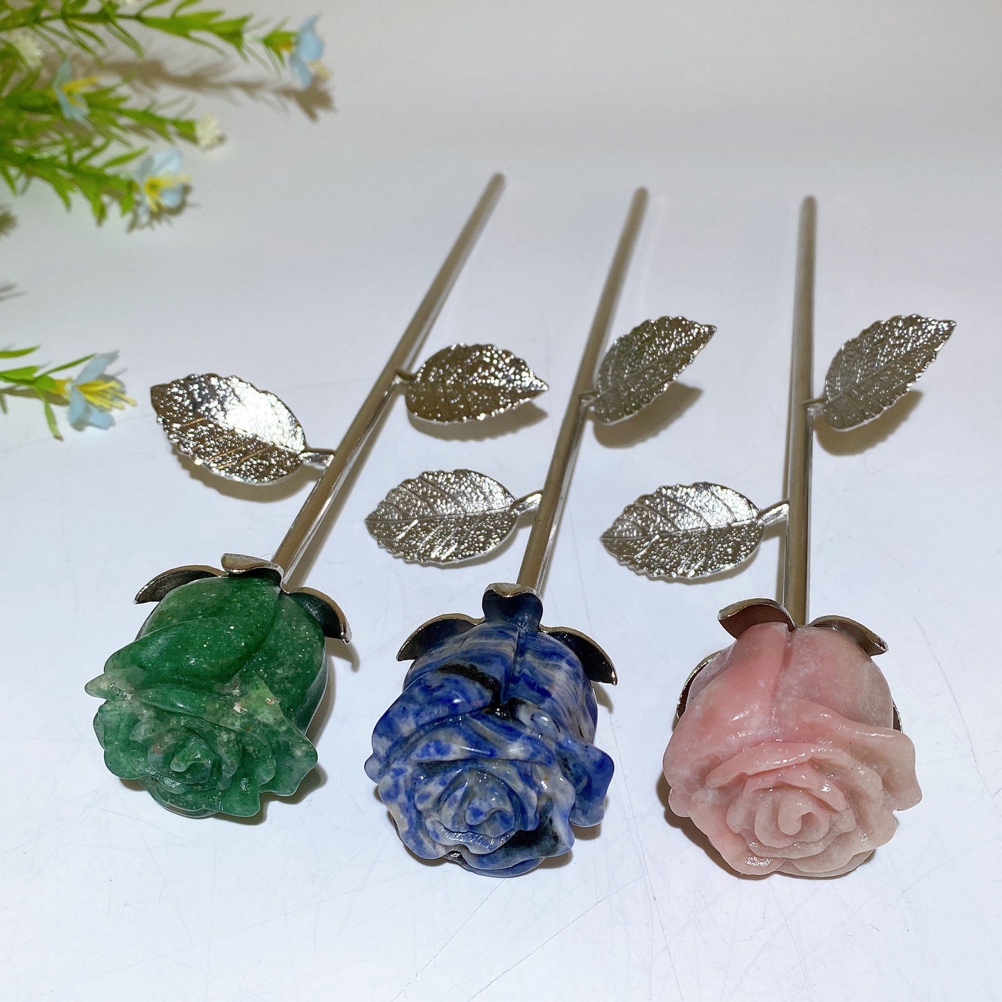 22cm Crystal Bud Bloom Flower with Silver Stem Leaf Crystal Healing Bulk Wholesale