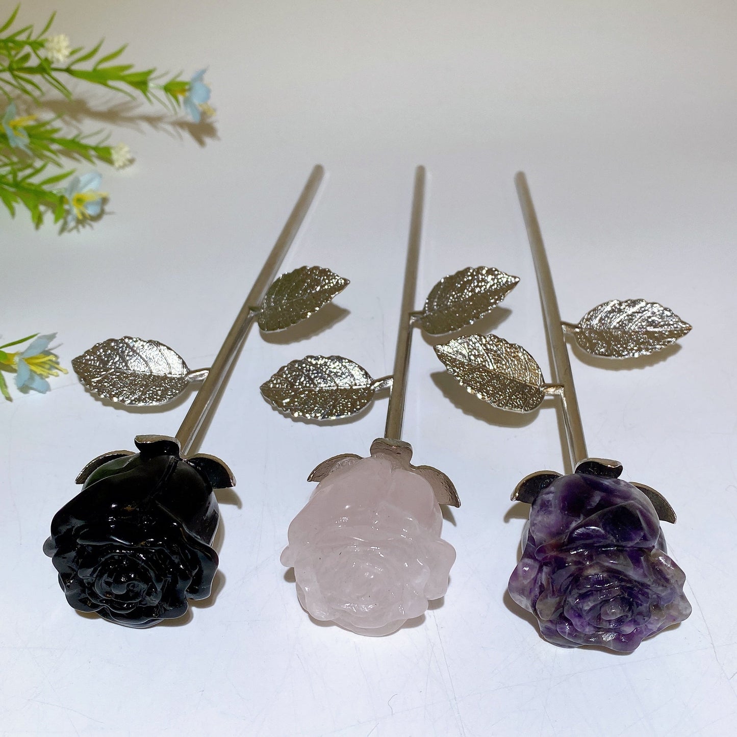 22cm Crystal Bud Bloom Flower with Silver Stem Leaf Crystal Healing Bulk Wholesale