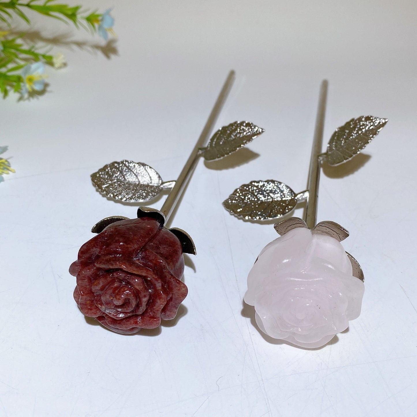 22cm Crystal Bud Bloom Flower with Silver Stem Leaf Crystal Healing Bulk Wholesale