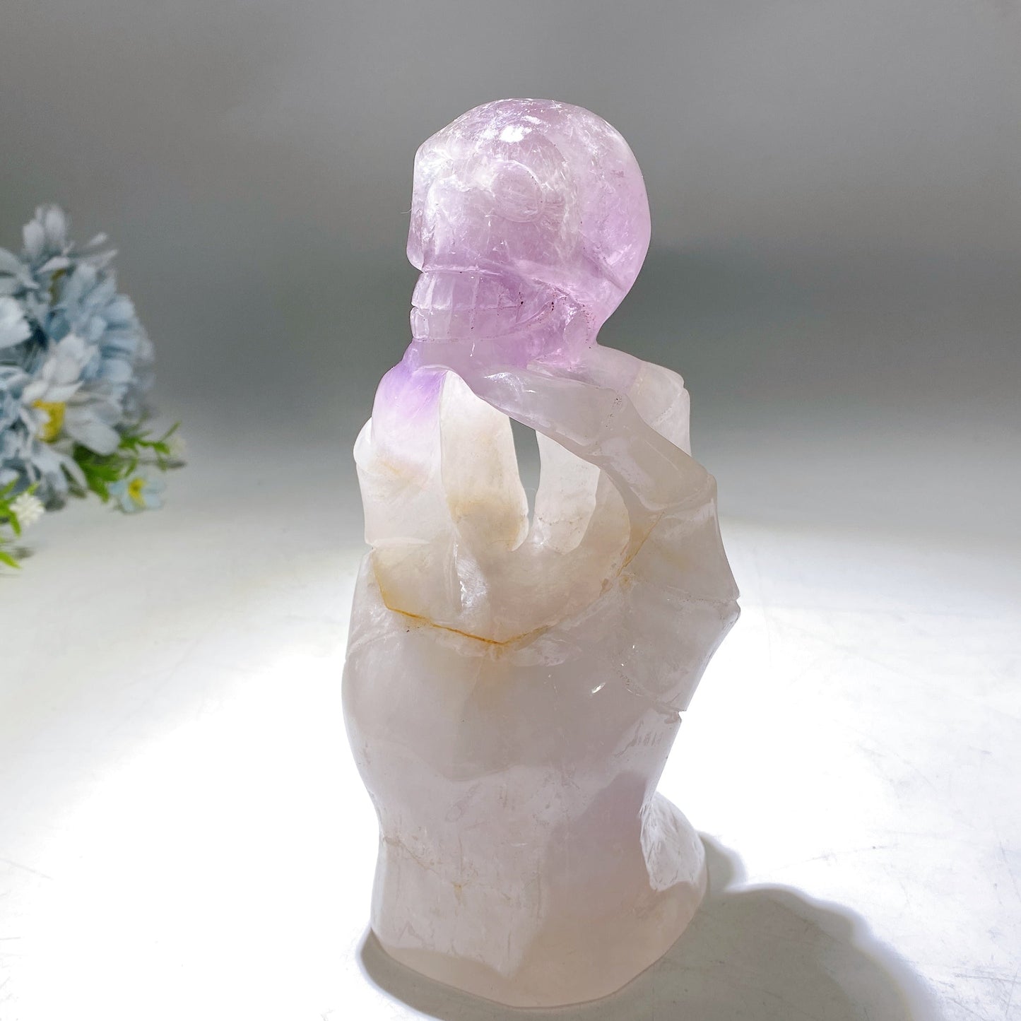 18cm Large Unique Amethyst Grow with Quartz Ghost Hand Holding Skull Carving Crystal Healing Bulk Wholesale