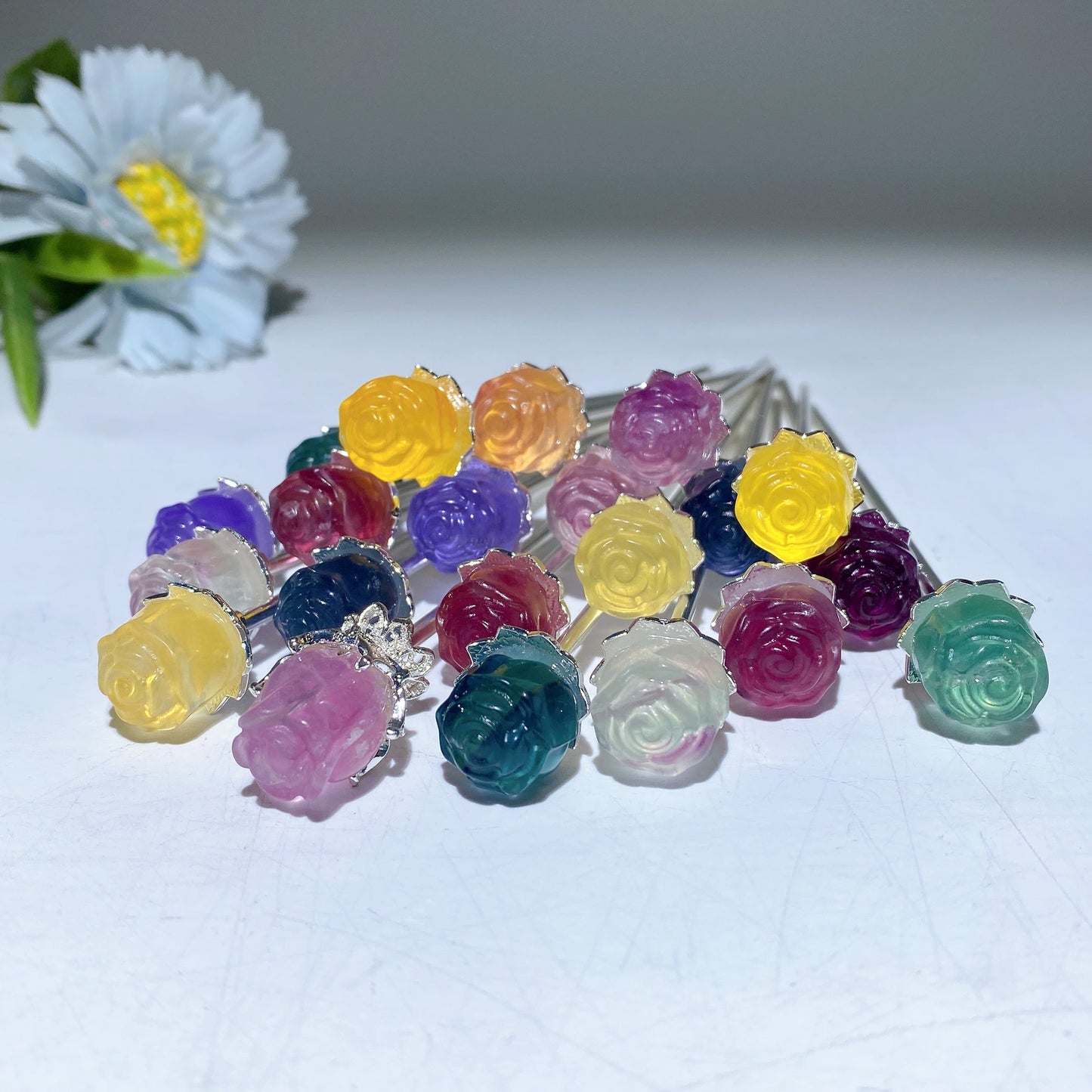 Fluorite Rose Flower Hair Pin Crystal Healing Bulk Wholesale