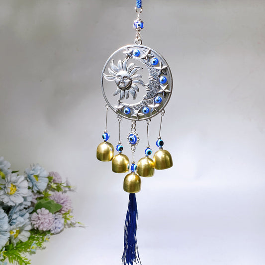 35cm Evil Eye Sun & Moon Metal Chime with Bells Hanging Ornament Crystal Healing Bulk Wholesale