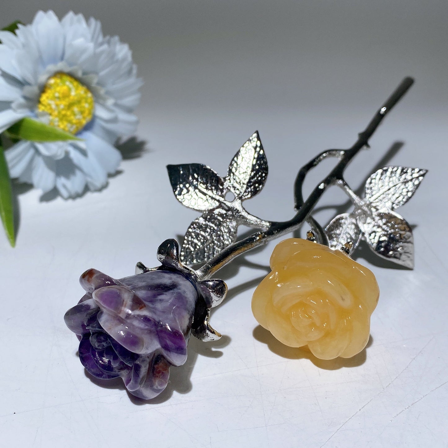19cm Silver Stem Mixed Crystal Double Flowers Carvings Crystal Healing Bulk Wholesale