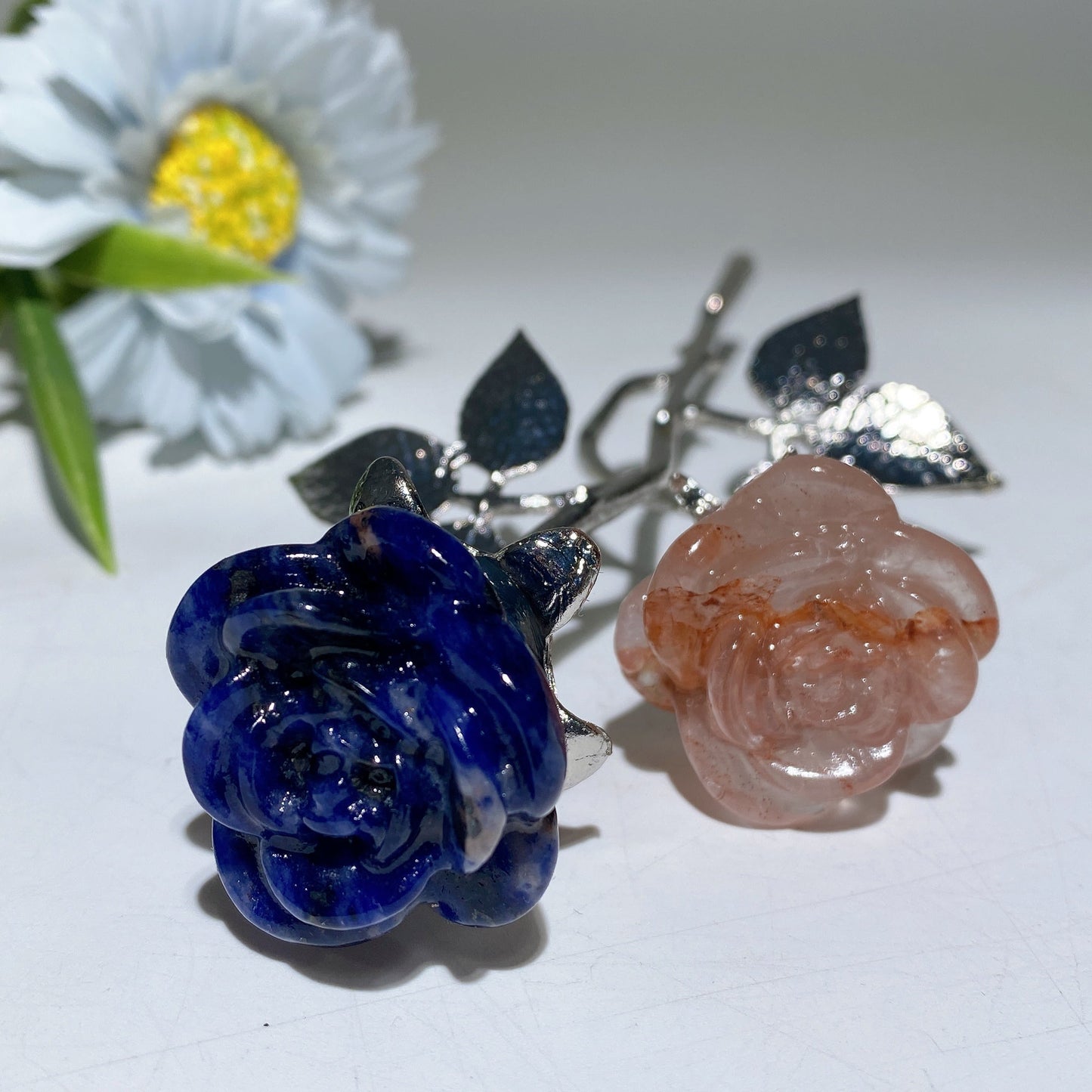 19cm Silver Stem Mixed Crystal Double Flowers Carvings Crystal Healing Bulk Wholesale