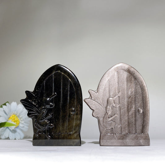 3.5" Golden Obsidian Silver Obsidian Fairy Magic Door Carving Crystal Healing Bulk Wholesale