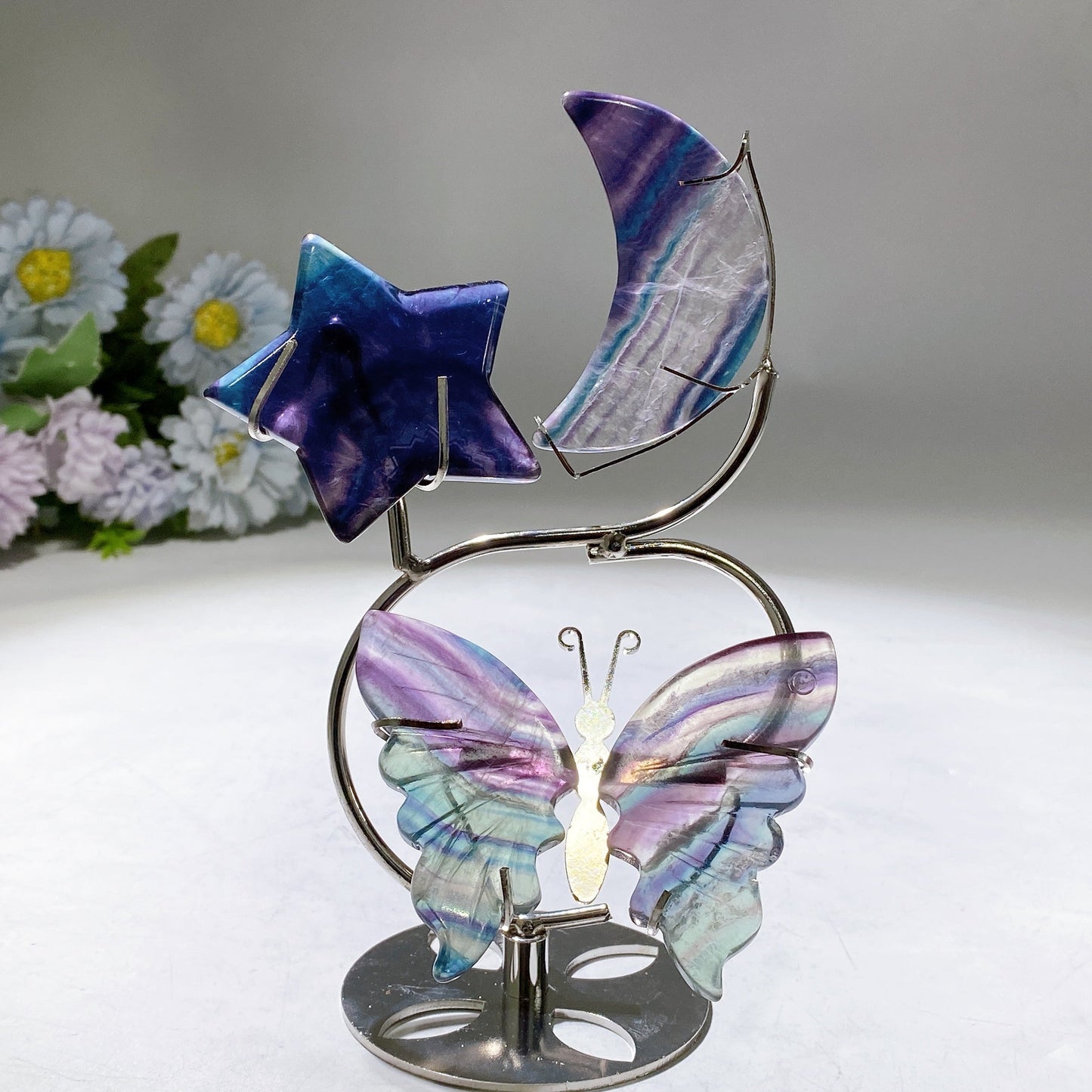 Rainbow Fluorite Moon Star Butterfly Wings Carving with Stand Crystal Healing Bulk Wholesale