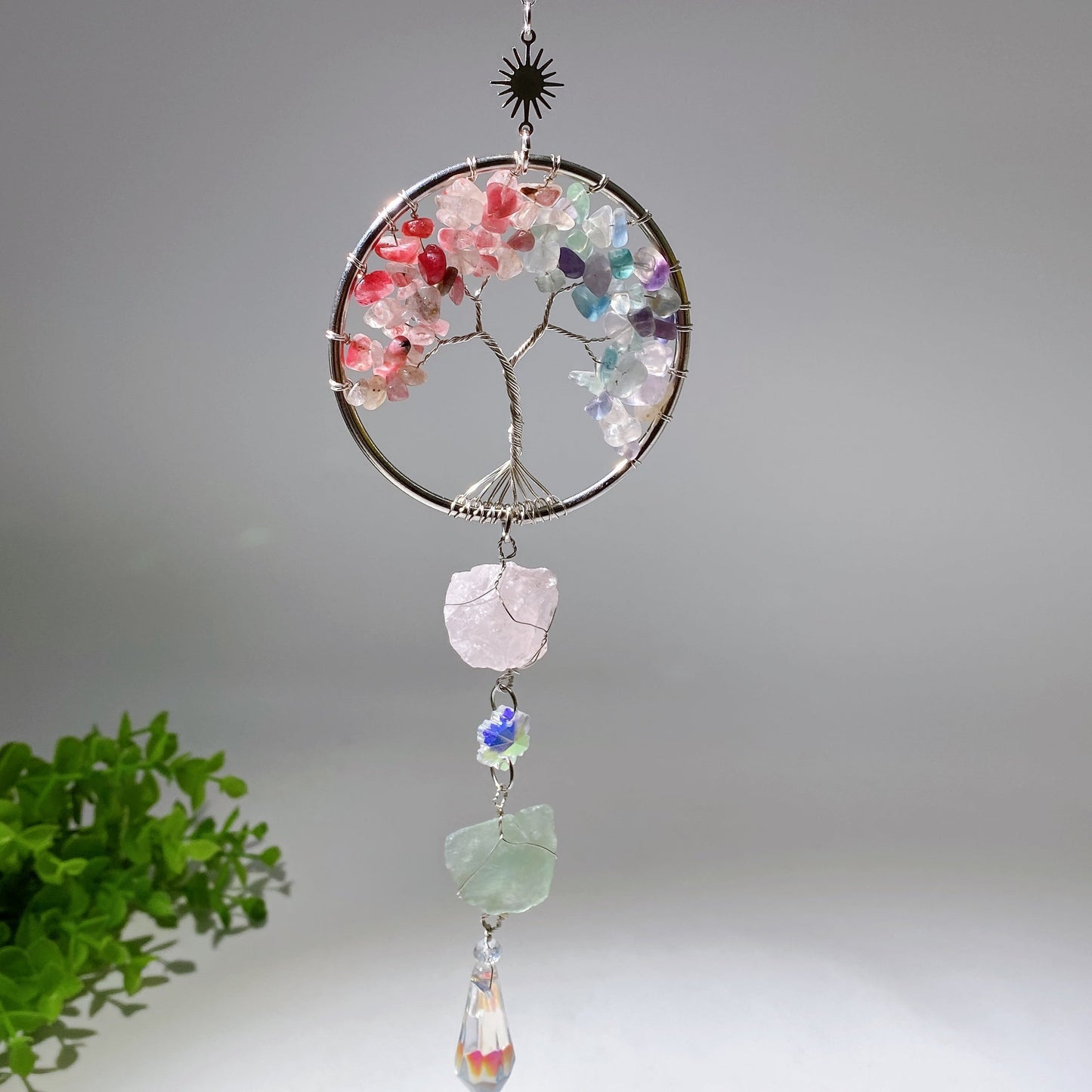 30cm Crystal Chips Silver Life Tree with Raw Stone Suncatcher Crystal Healing Bulk Wholesale