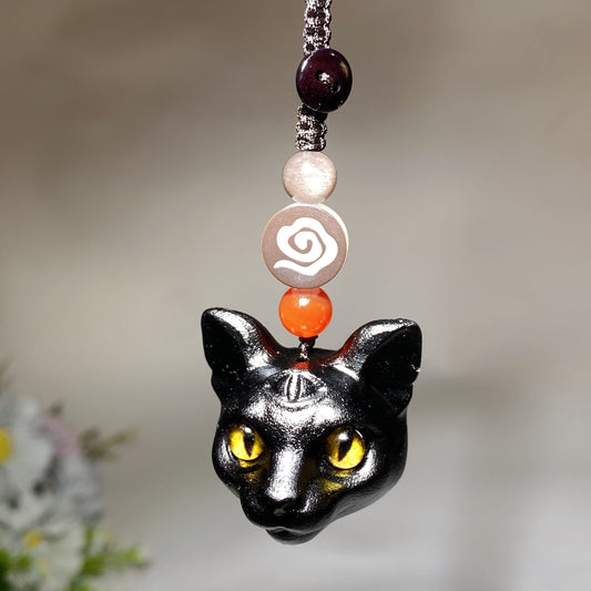 11cm Black Obsidian Cat Head Carving Key Chain Bag Hanging Crystal Healing Bulk Wholesale