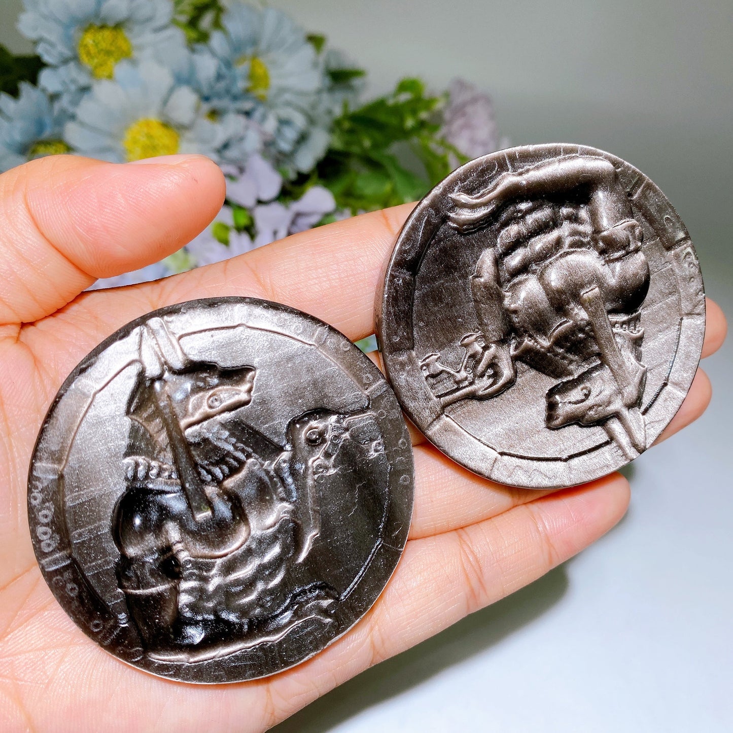 2.4" Silver Obsidian Anubis Round Slab Carving Crystal Healing Bulk Wholesale