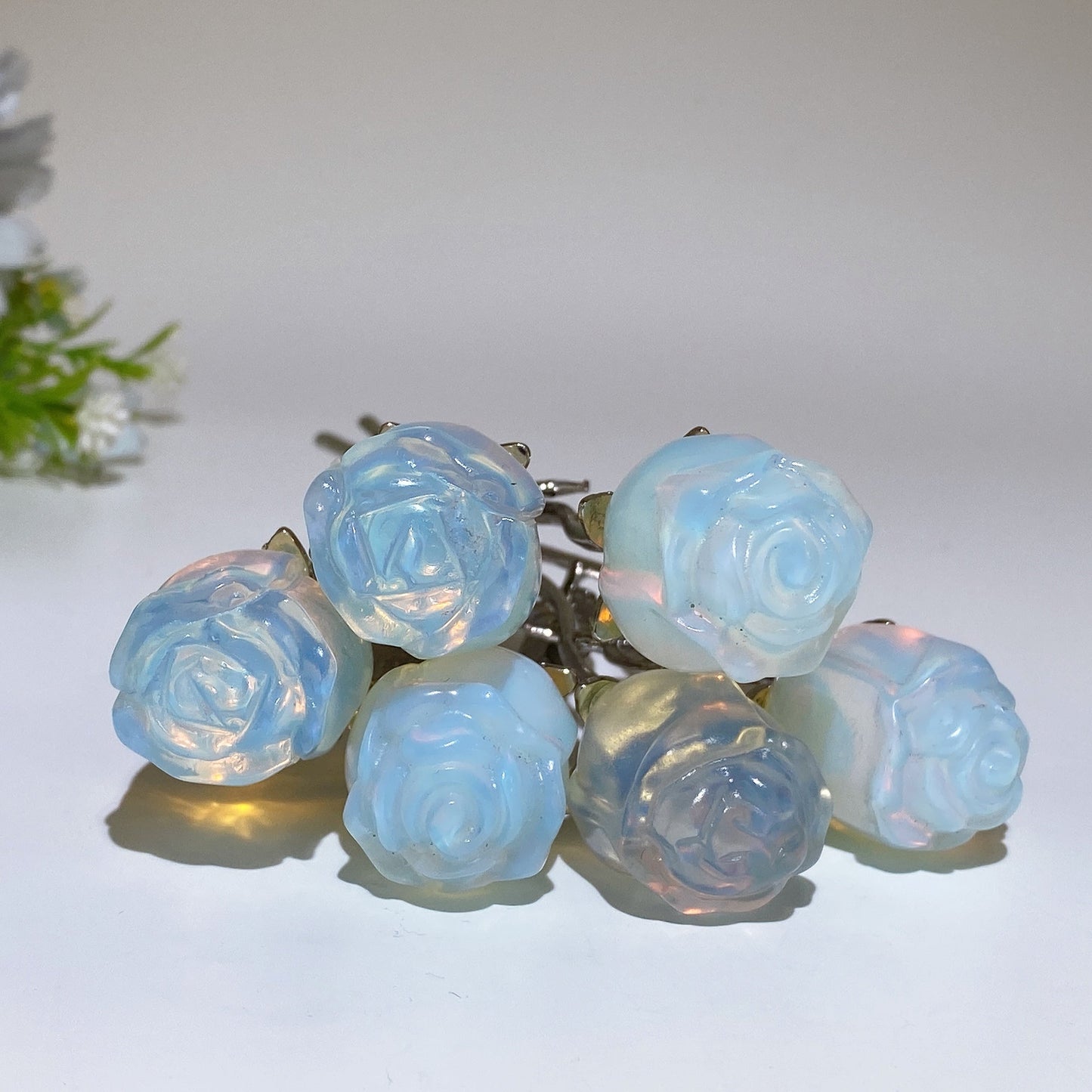 Crystal Flower Carving with Silver Color Metal Stem Crystal Healing Bulk Wholesale