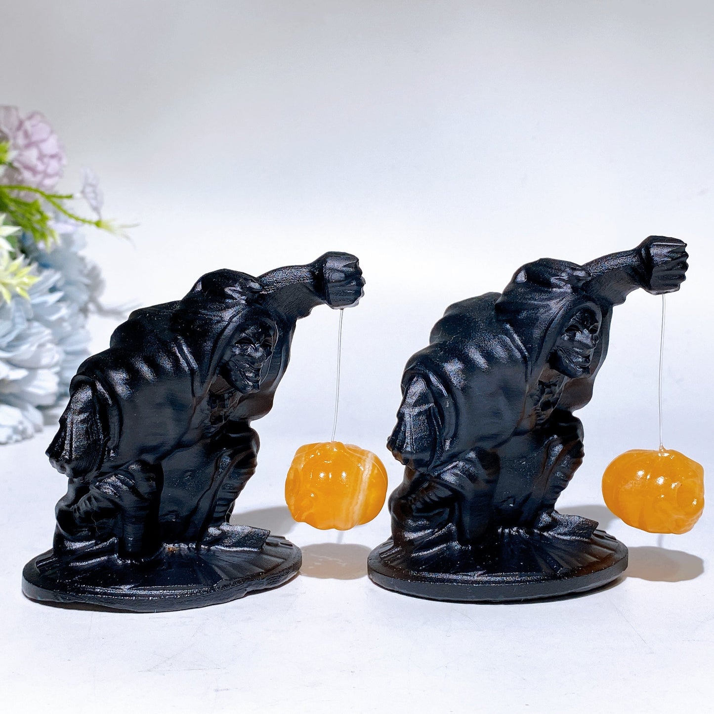 3.4" Black Obsidian Witch with Orange Calcite Pumpkin Lamp Carving Crystal Healing Bulk Wholesale