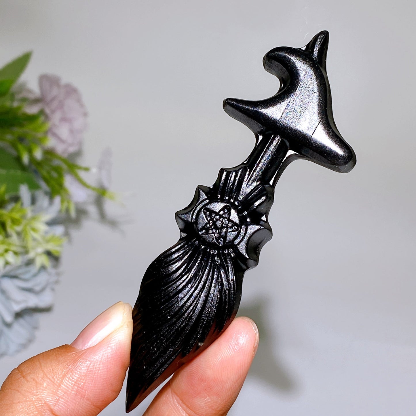 3.9“ Black Obsidian Broom Carving Crystal Healing Bulk Wholesale