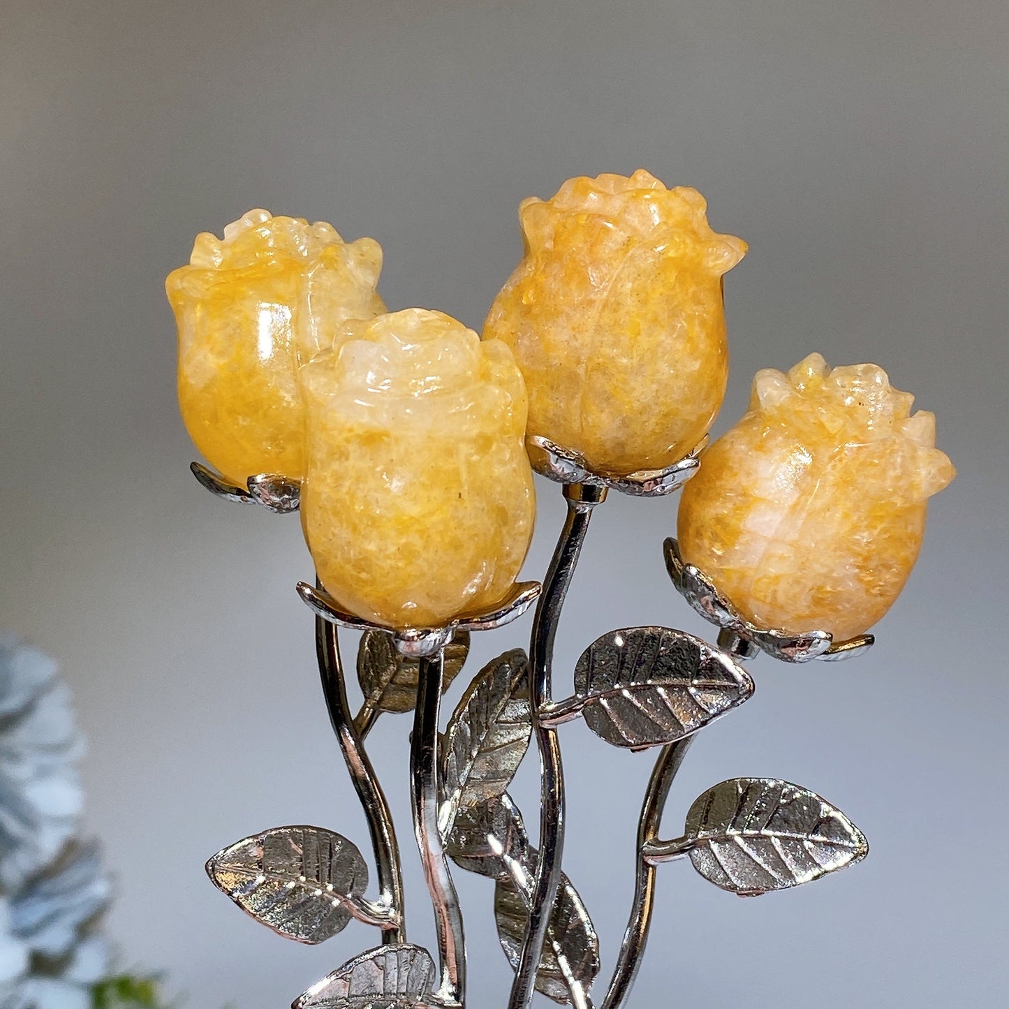 Crystal Flower Carving with Silver Color Metal Stem Crystal Healing Bulk Wholesale