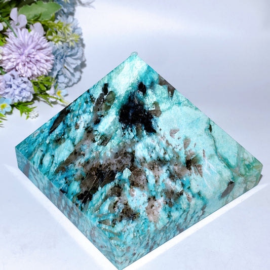 16cm Large Unique Amazonite Grow with Quartz Pyramid Carving Crystal Carving Bulk Wholesale