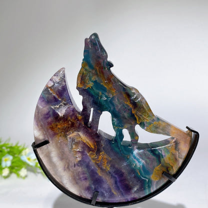 4.0"-4.4" Crystal Wolf On Moon Carving with Stand Crystal Healing Bulk Wholesale