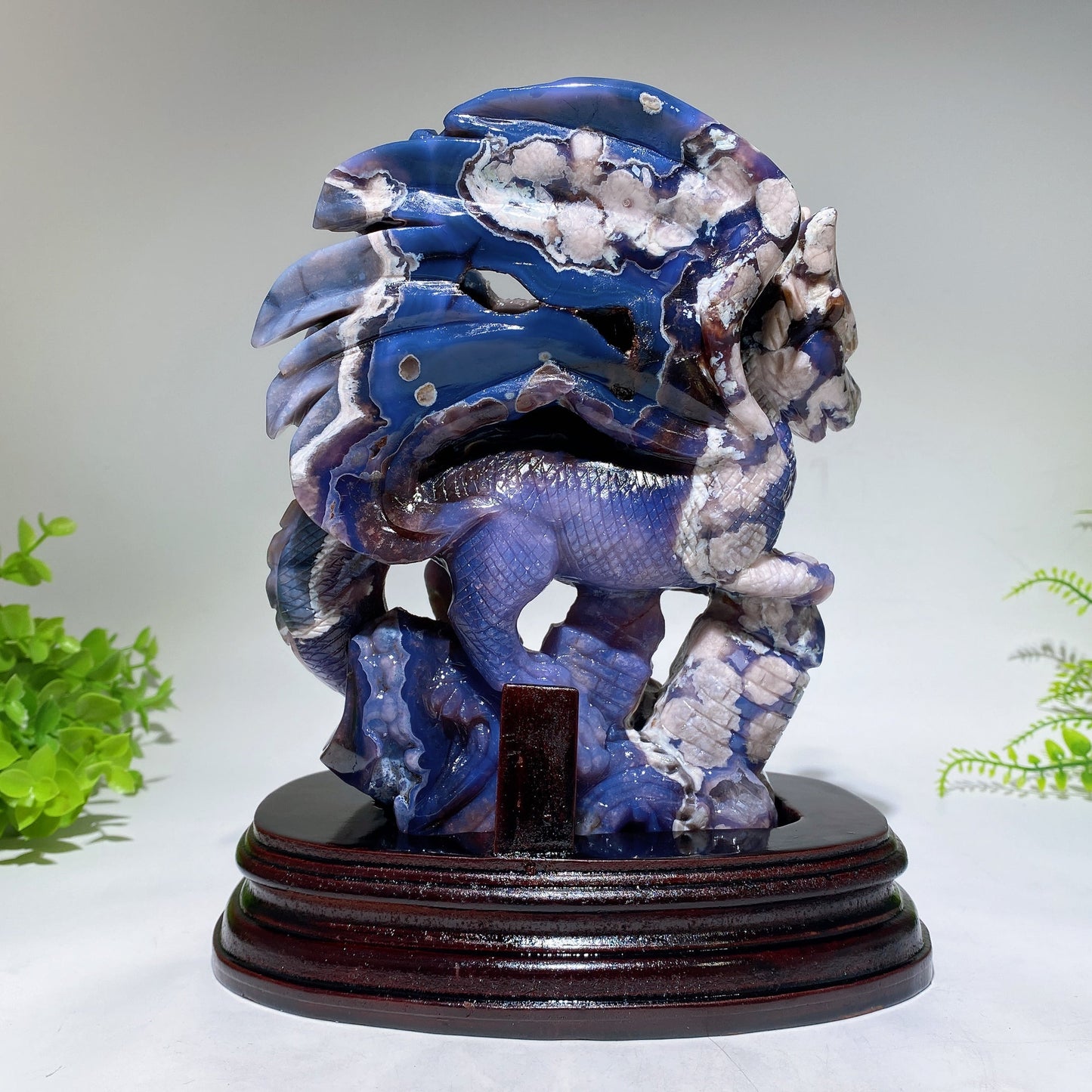 22cm Unique Blue Flower Agate Dragon Carving with Stand Crystal Healing Bulk Wholesale