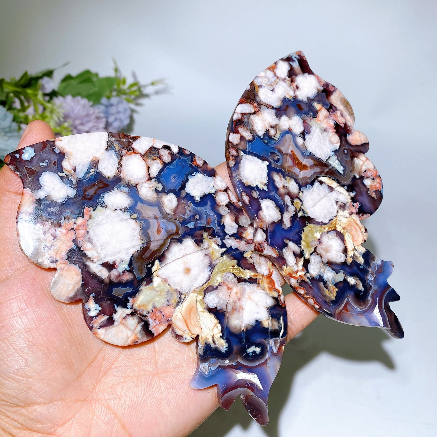 19cm Large Unique Blue Purple Flower Agate Butterfly Wings with Stand Crystal Healing Bulk Wholesale