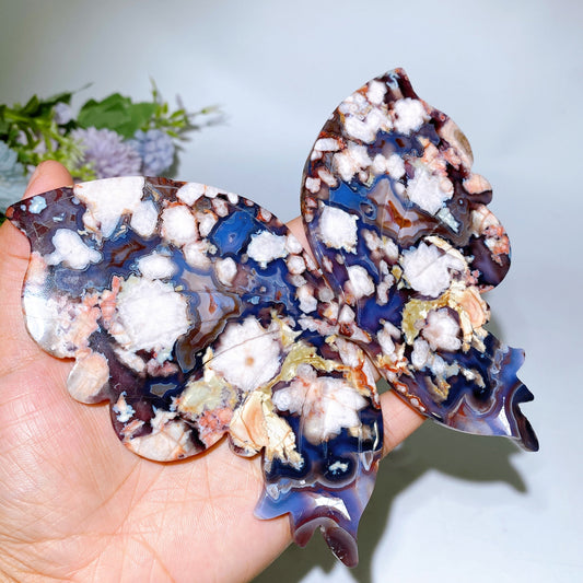 19cm Large Unique Blue Purple Flower Agate Butterfly Wings with Stand Crystal Healing Bulk Wholesale