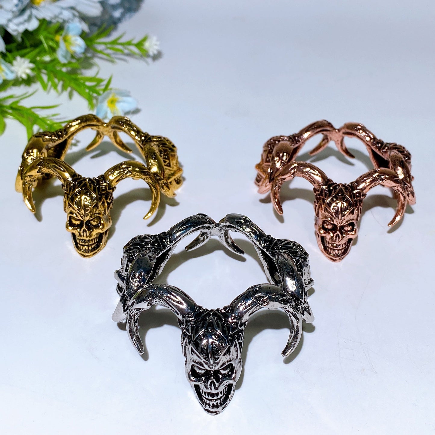 Metal Three-Goat Skulls Stand Crystal Healing Bulk Wholesale