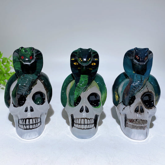 3.8" Selenite Skull with Snake Decor with Hand Painting Crystal Healing Bulk Wholesale