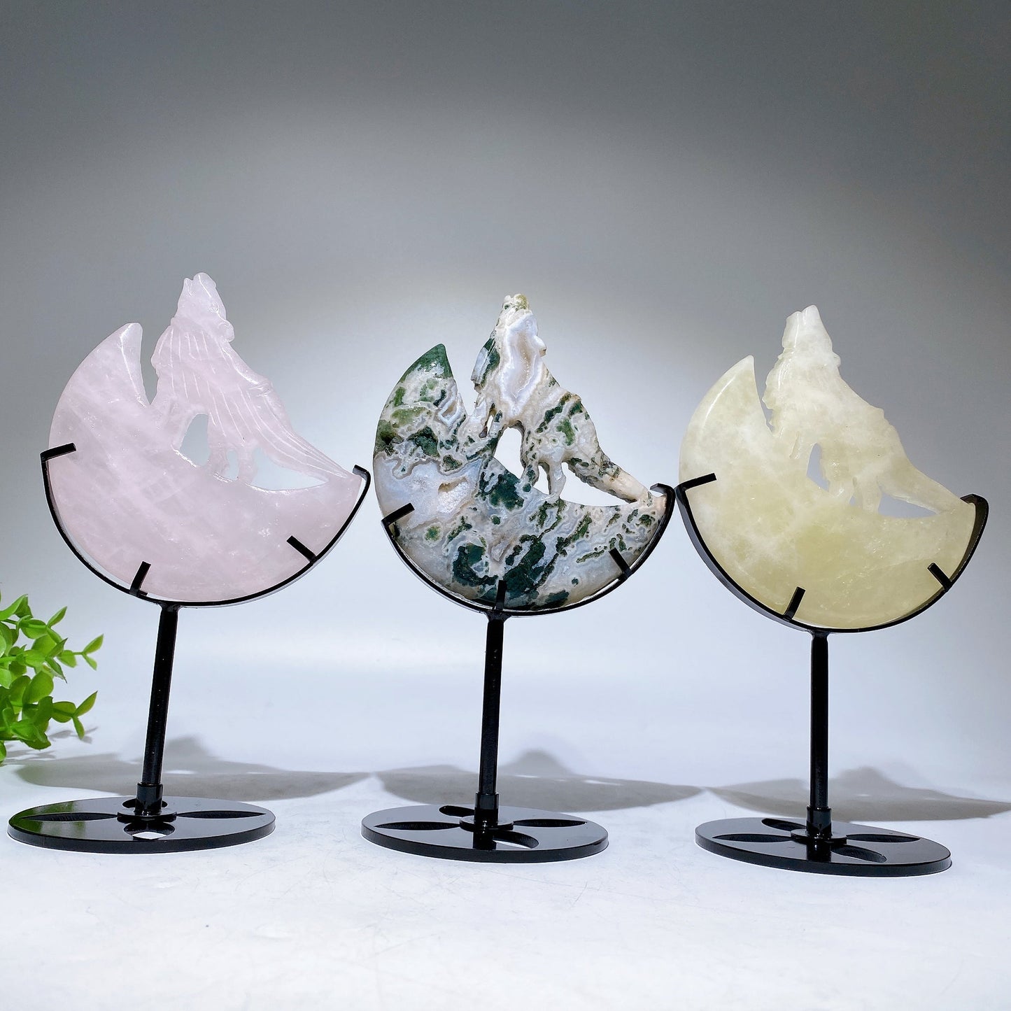 Crystal Wolf on Moon Carving with Stand Free Form Crystal Healing Bulk Wholesale