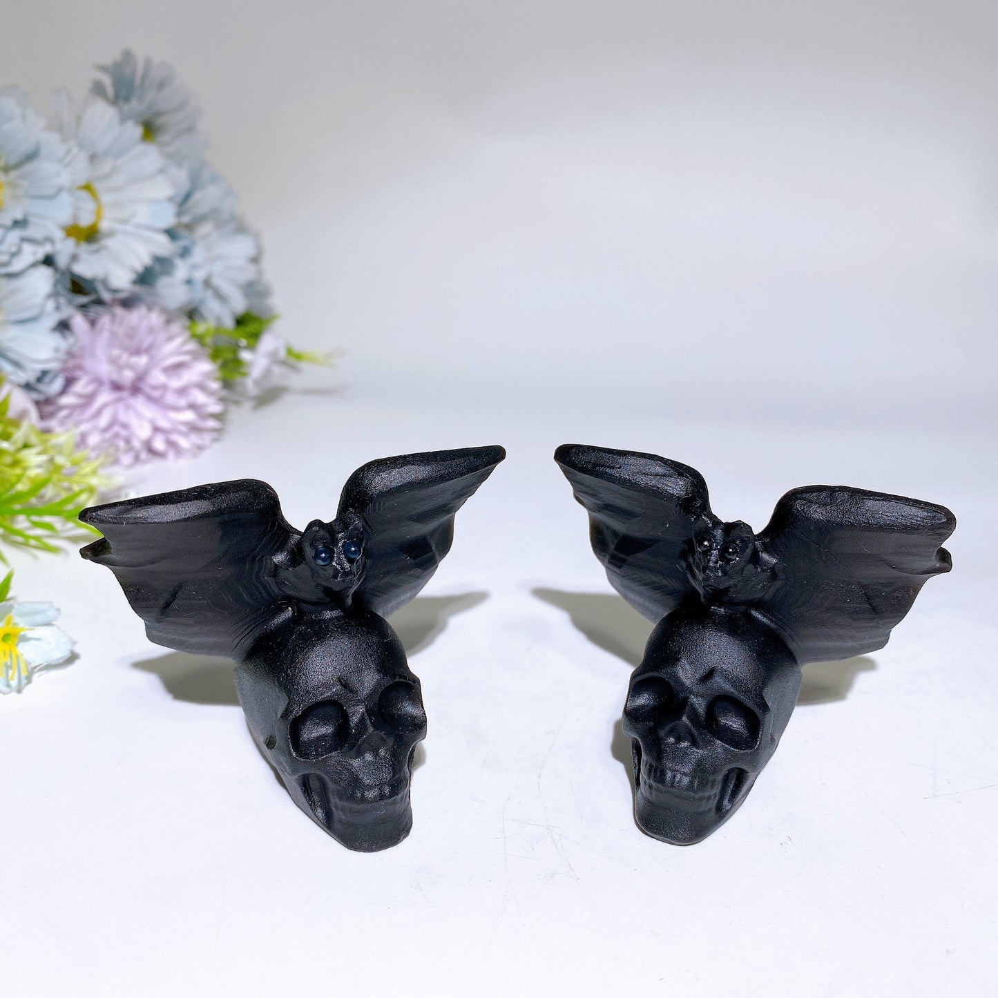 2.6" Black Obsidian Skull with Bat Carving Crystal Healing Bulk Wholesale