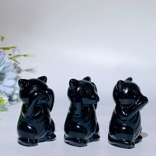 2.3" Black Obsidian Three-no Animal Carving Crystal Healing Bulk Wholesale 3 Pieces