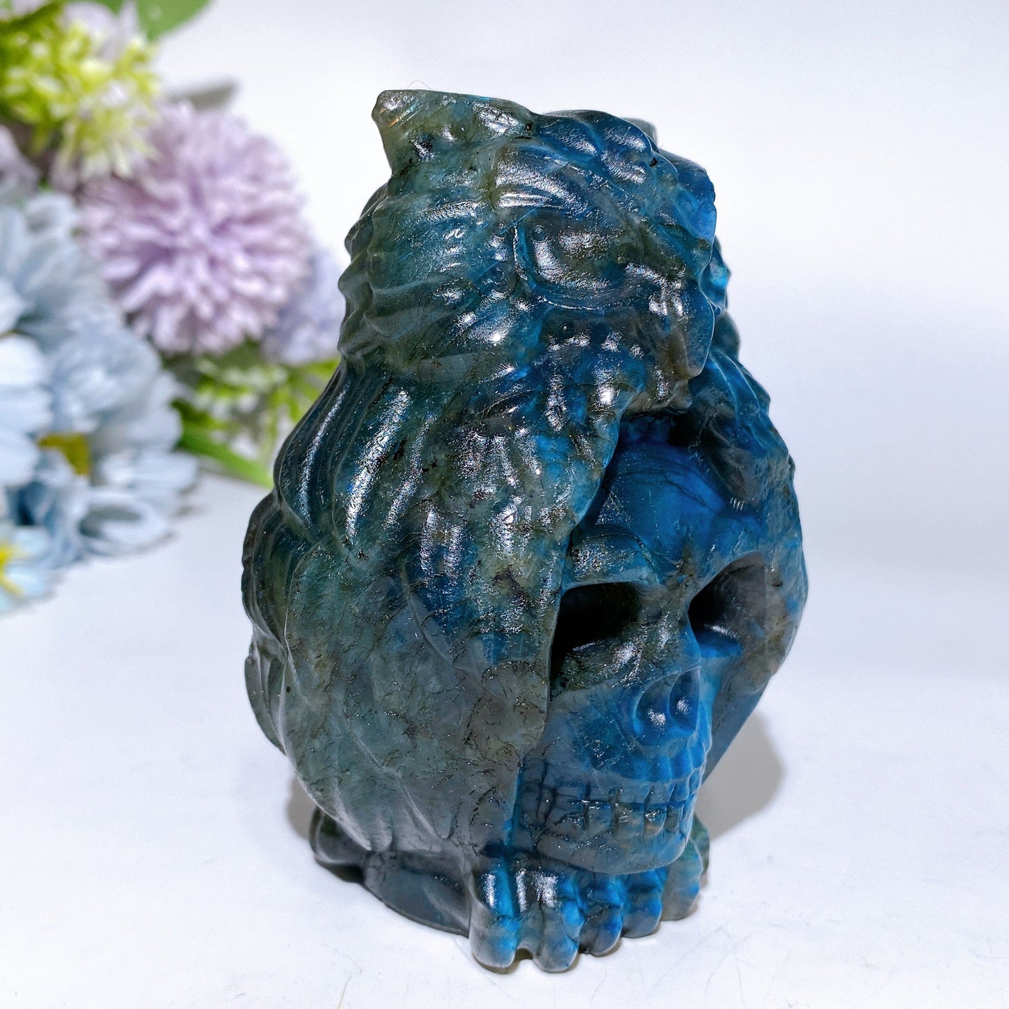 3.8" Labradorite Skull with Owl Carving Crystal Healing Bulk Wholesale
