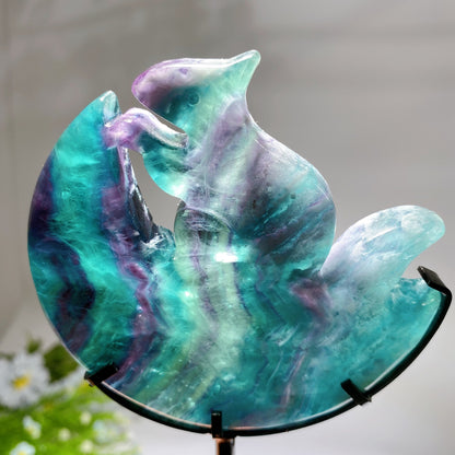 Druzy Agate Rainbow Fluorite Squirrel on Moon Carving with Stand Crystal Healing Bulk Wholesale