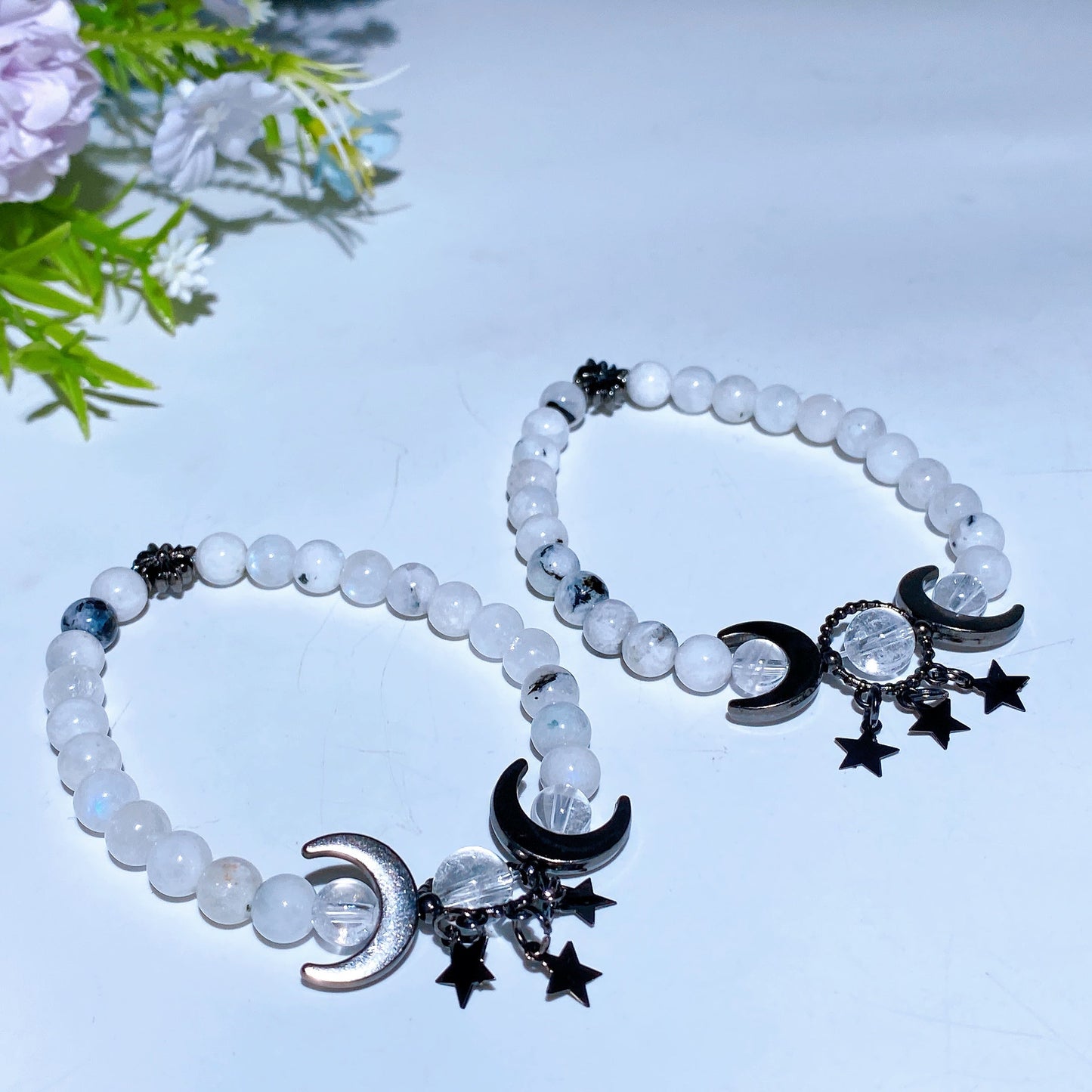 6mm Rainbow Moonstone with Clear Quartz Planet Bracelet Crystal Healing Bulk Wholesale