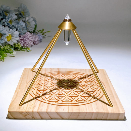 Vogel Copper Pyramid with Faceted Clear Quartz DT Point & Life Flower Wooden Base Crystal Healing Bulk Wholesale