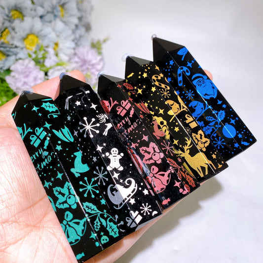 3.3"-4.0" Black Obsidian Point with Printing for Christmas Crystal Healing Bulk Wholesale