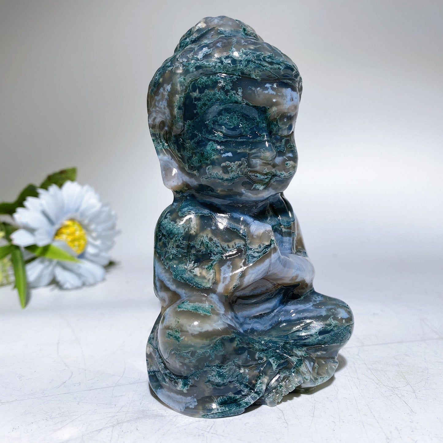 4.7" Moss Agate Buddha Carving Crystal Healing Bulk Wholesale
