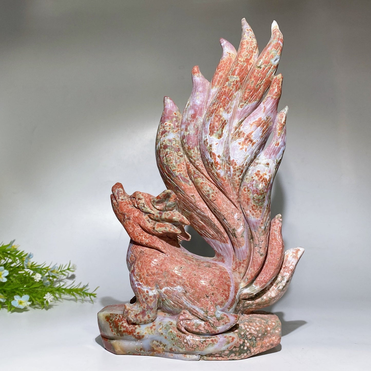 30cm Large Unique Ocean Jasper Nine-tails Fox Carving with Wooden Stand Crystal Healing Bulk Wholesale