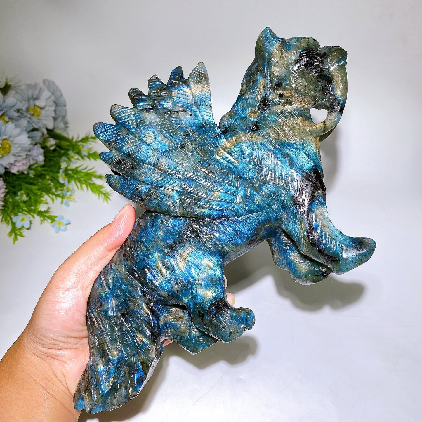 28cm Large Unique Labradorite Smilodon with Wings Carving Crystal Healing Bulk Wholesale