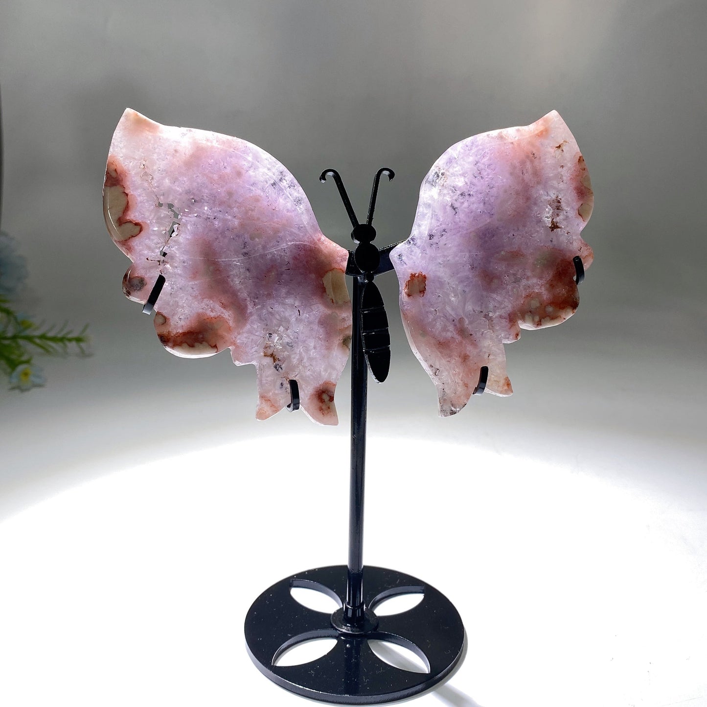 Pink Amethyst Flower Agate Butterfly Wings Carving with Stand Crystal Healing Bulk Wholesale