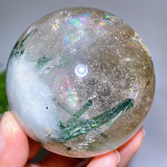 Unique 65mm Strong Rainbow Green Tourmaline In Quartz Sphere