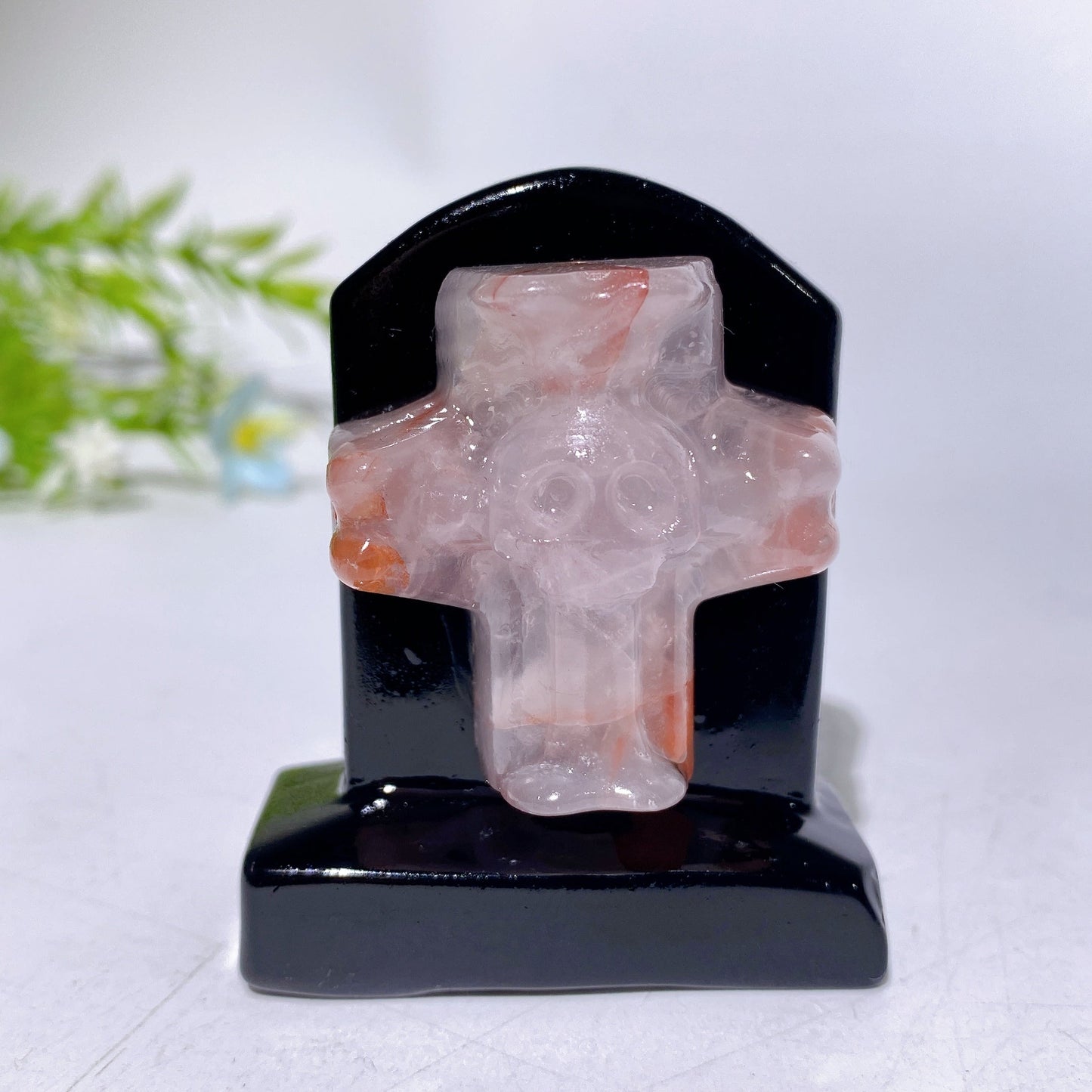 2.3" Black Obsidian Tombstone with Cross Skull Decor Carving Crystal Healing Bulk Wholesale