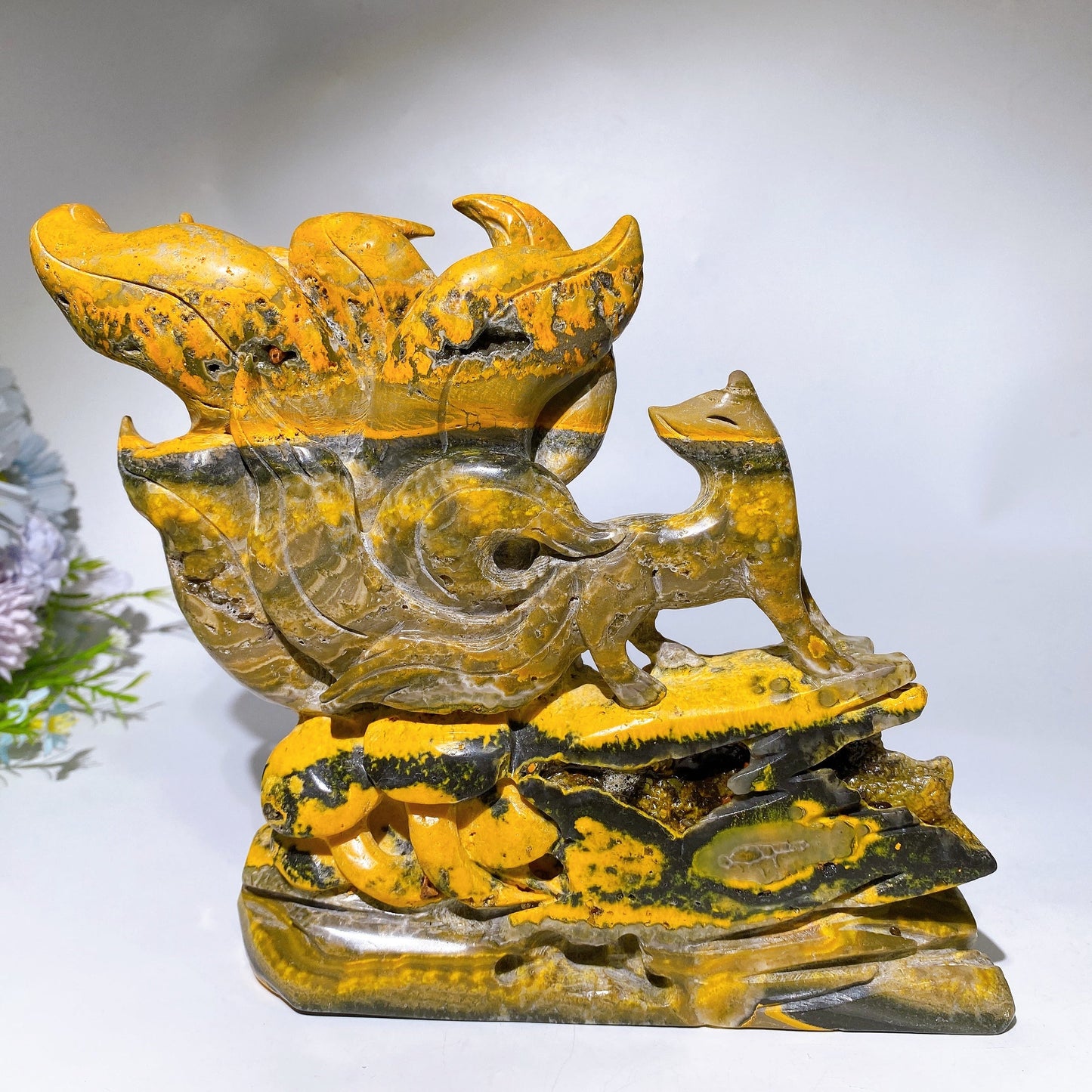 18cm Unique Bumblebee Jasper Nine-tails Fox Carving Crystal Healing Bulk Wholesale