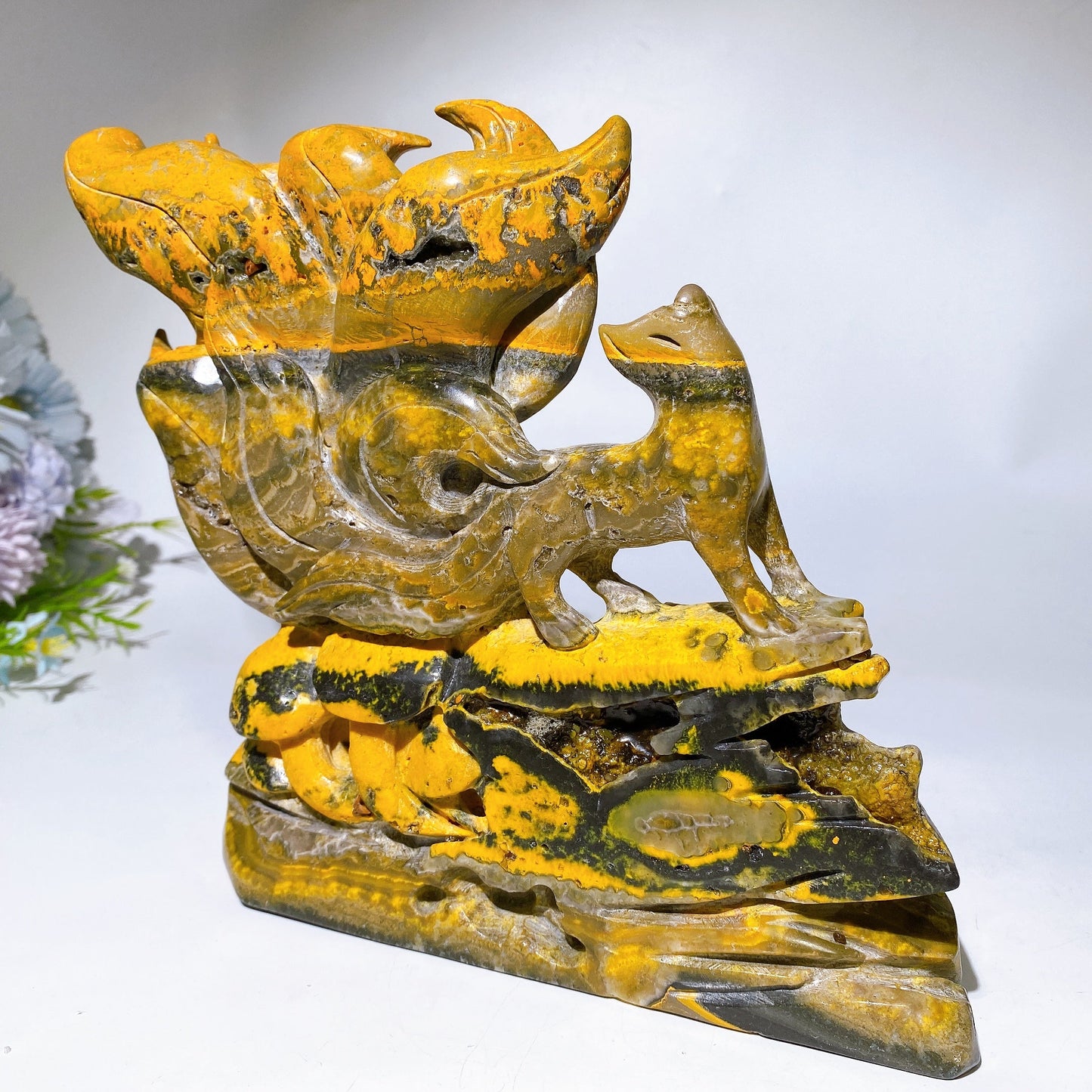 18cm Unique Bumblebee Jasper Nine-tails Fox Carving Crystal Healing Bulk Wholesale