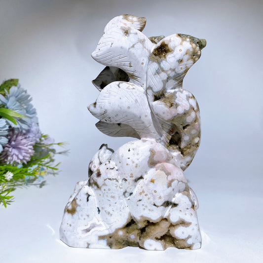 19cm Unique Ocean Jasper Nine-tails Fox Carving Crystal Healing Bulk Wholesale