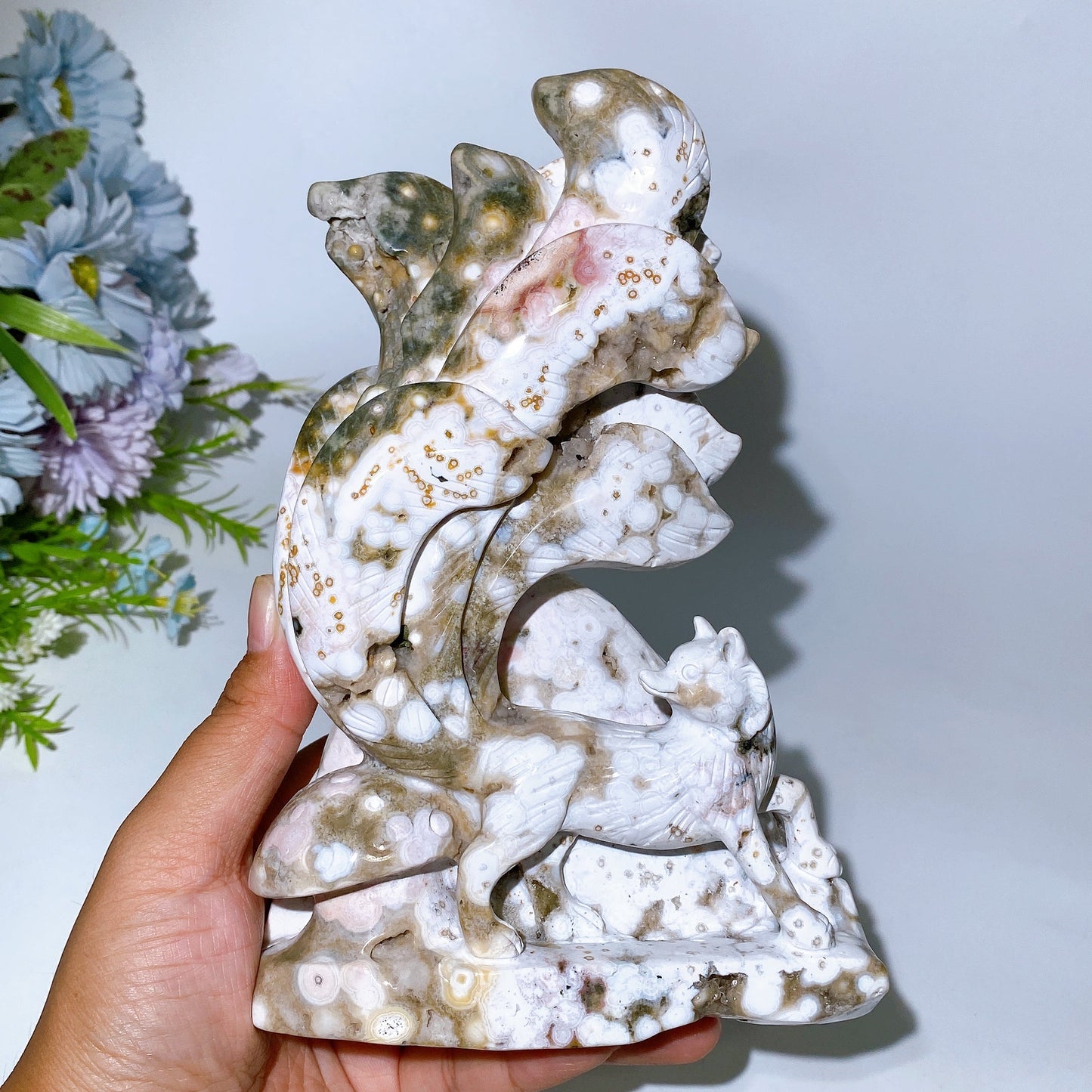 19cm Unique Ocean Jasper Nine-tails Fox Carving Crystal Healing Bulk Wholesale