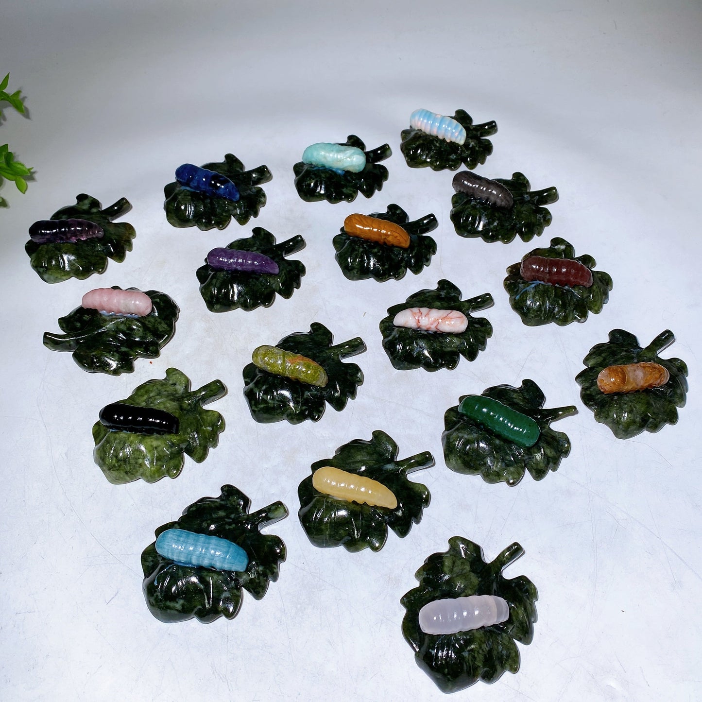 2.7" Crystal Silkworm on Serpentine Leaf Carving Crystal Healing Bulk Wholesale